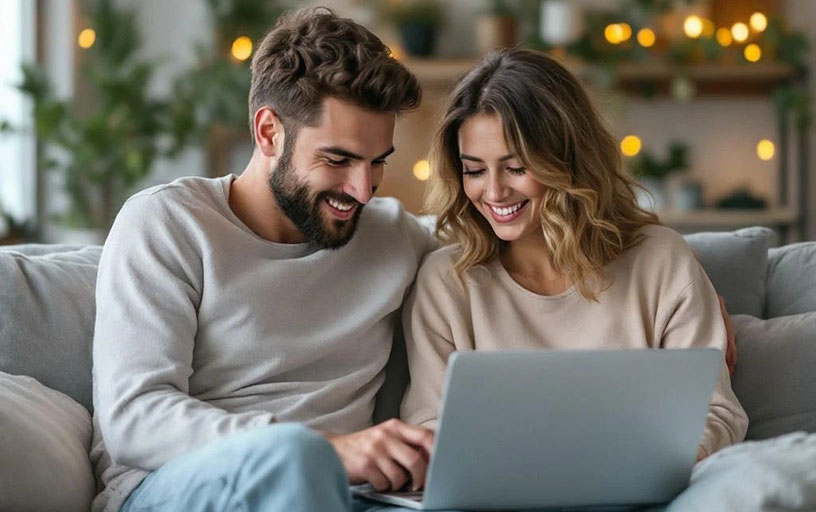 couple-booking Attractive couple booking a weekend get-a-way to Hazlieburn Holiday Rental on their laptop.