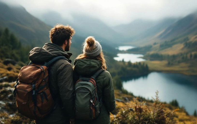 couple-in-the-highlands-of-scotland Attractive couple booking a weekend get-a-way to Hazlieburn Holiday Rental and they are now hiking in the Scottish Highlands!